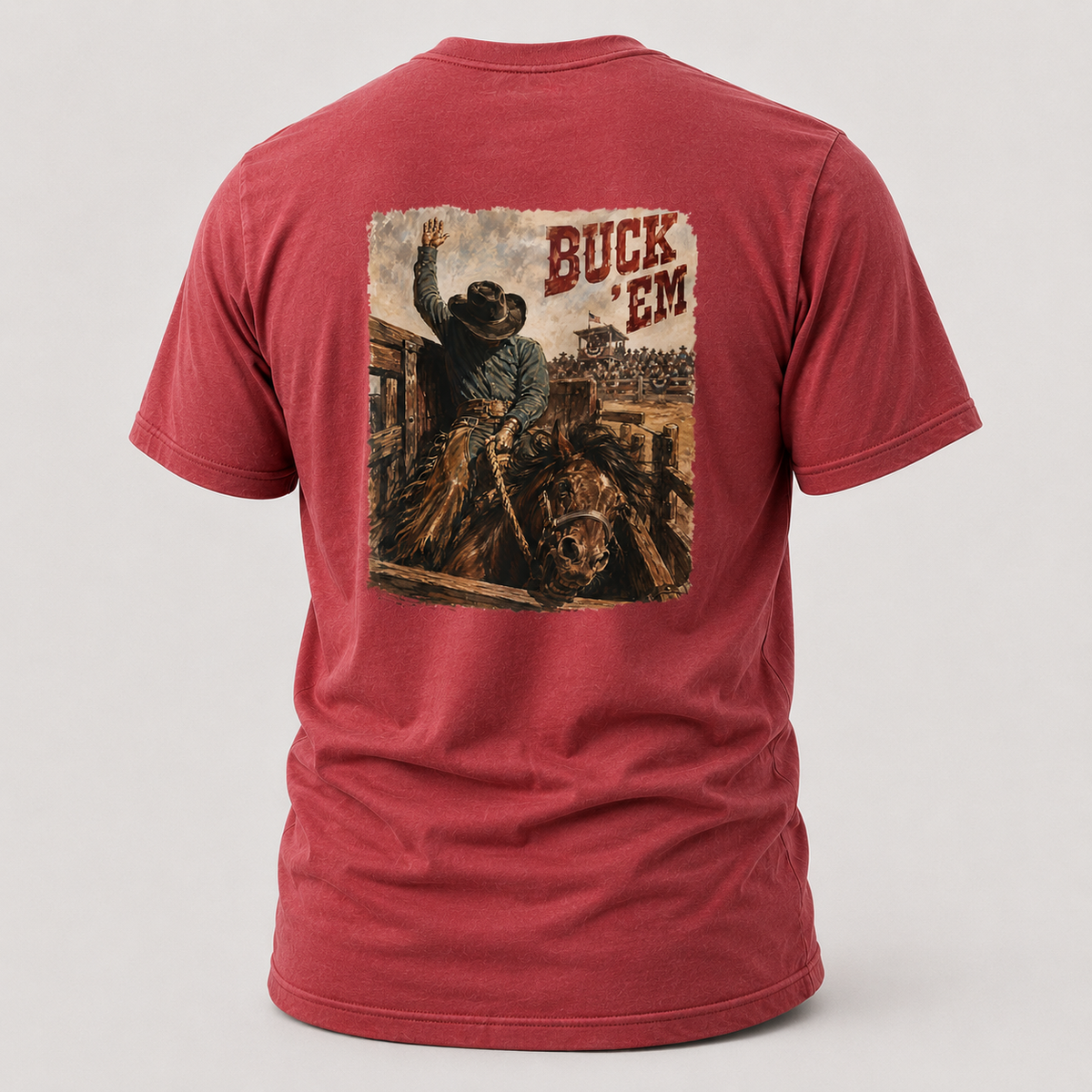 Go Time Bareback Bronc Riding T-shirt, back view featuring a bareback bronc rider breaking from the chute