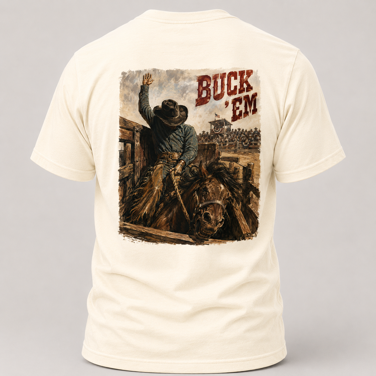 Natural Go Time Bareback Bronc Riding T-shirt, back view featuring a bareback bronc rider breaking from the chute
