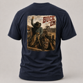 Navy Go Time Bareback Bronc Riding T-shirt, back view featuring a bareback bronc rider breaking from the chute