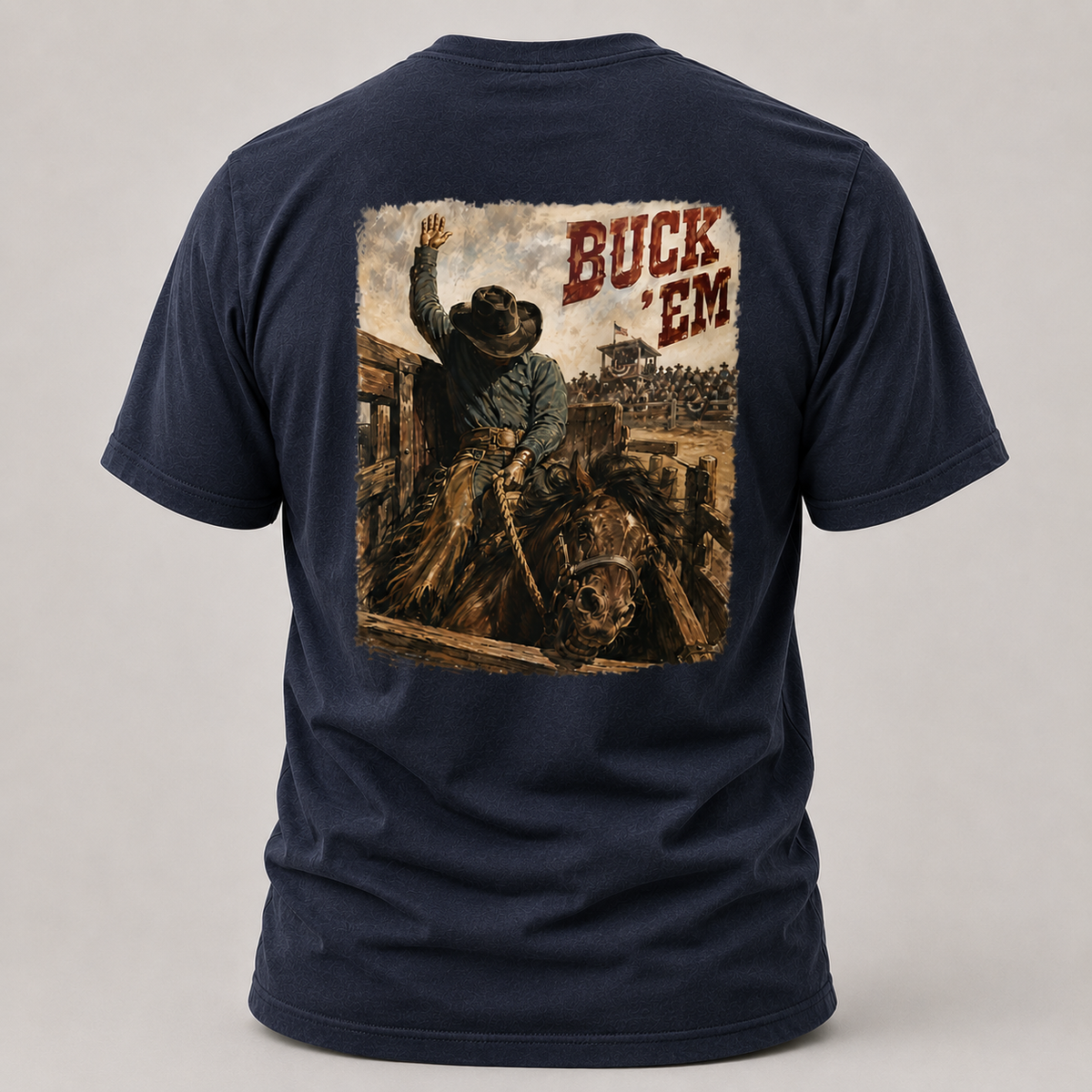 Navy Go Time Bareback Bronc Riding T-shirt, back view featuring a bareback bronc rider breaking from the chute