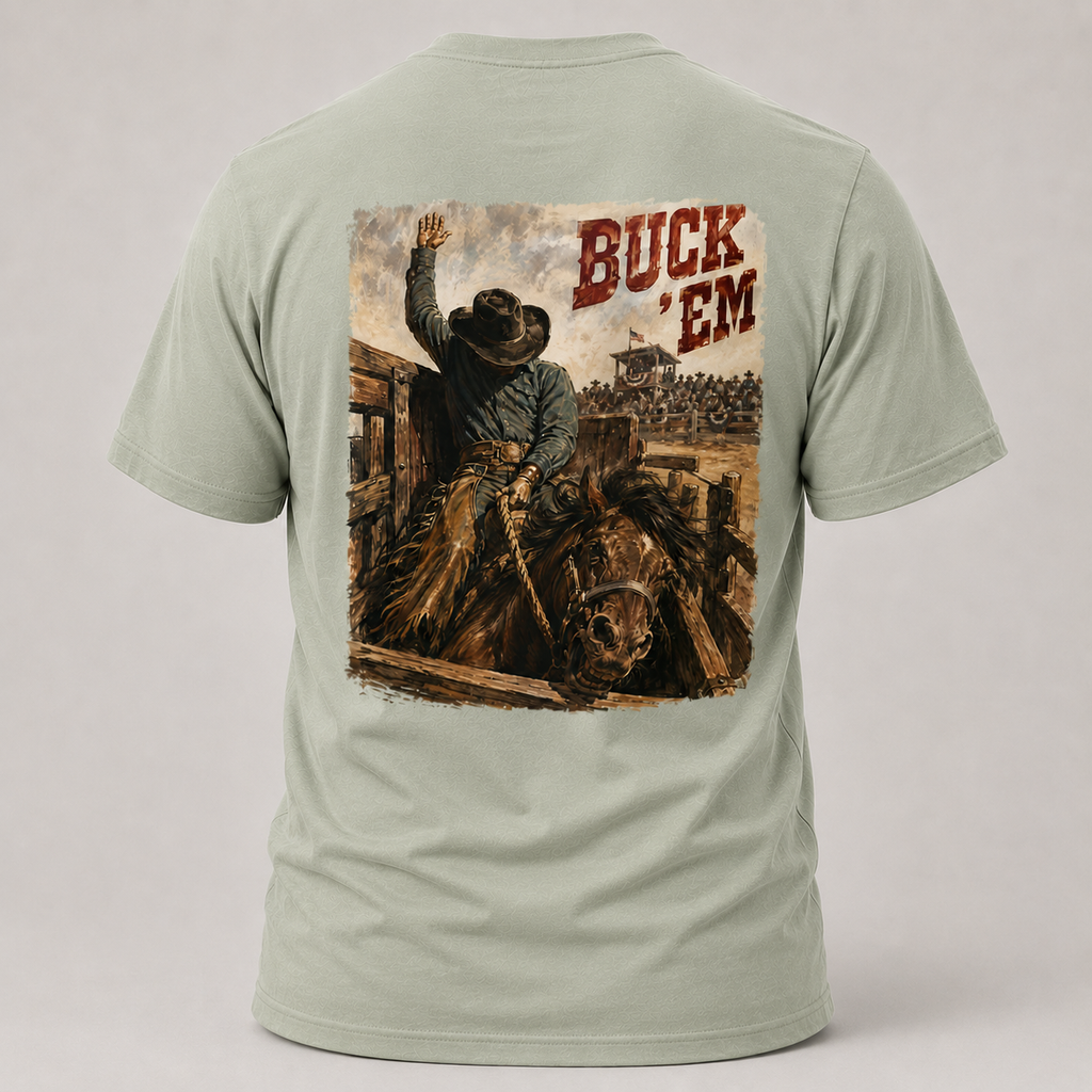 Sage Go Time Bareback Bronc Riding T-shirt, back view featuring a bareback bronc rider breaking from the chute