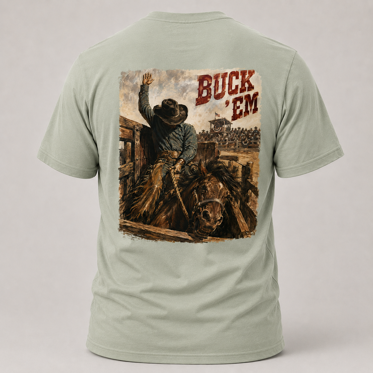 Sage Go Time Bareback Bronc Riding T-shirt, back view featuring a bareback bronc rider breaking from the chute