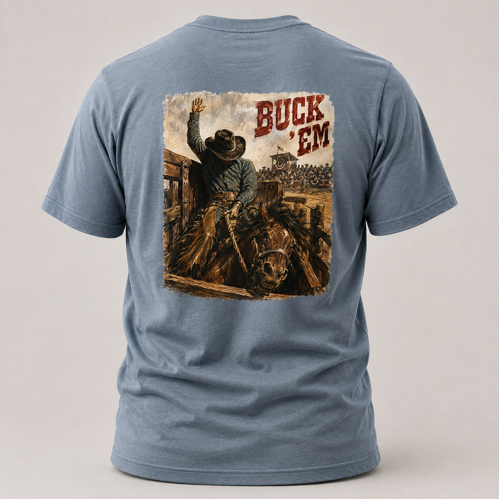 Stone Blue Go Time Bareback Bronc Riding T-shirt, back view featuring a bareback bronc rider breaking from the chute