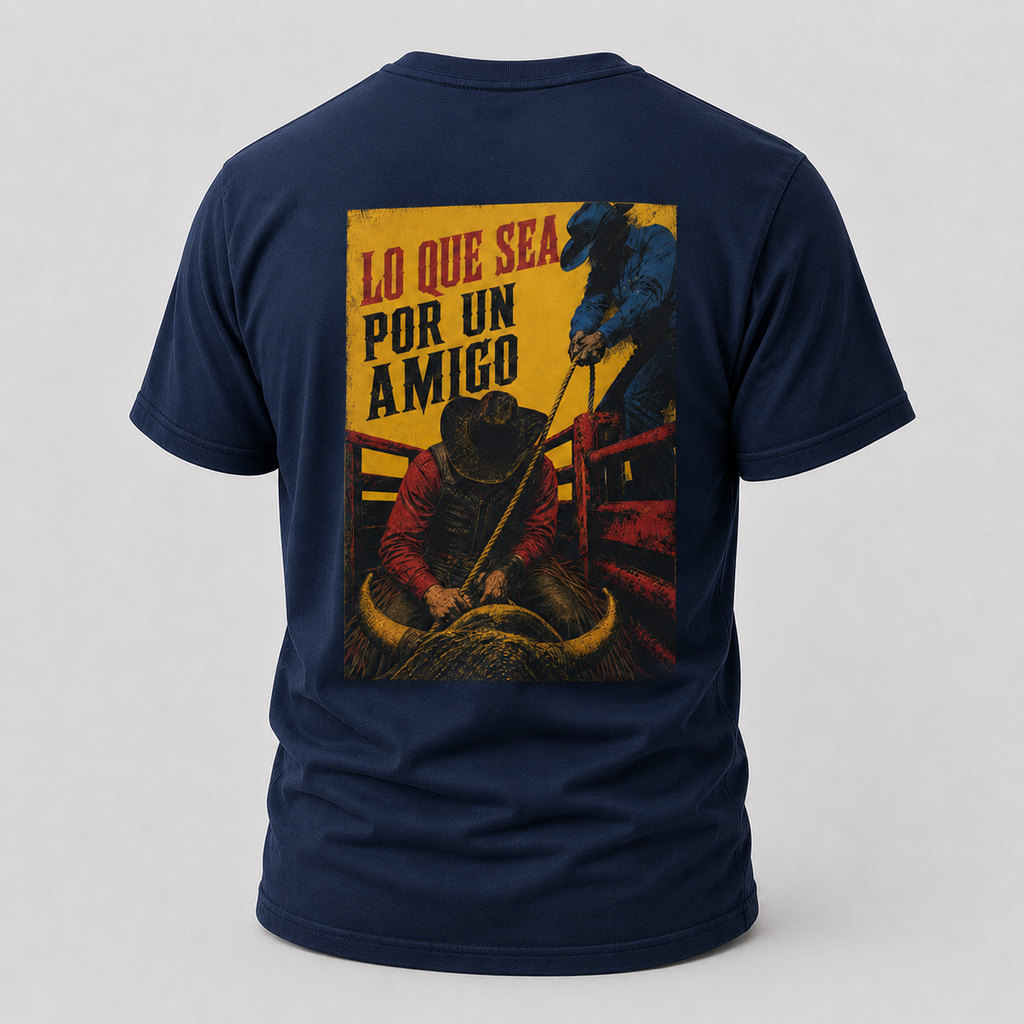 Navy Anything for a Friend Rodeo T-shirt, back view featuring a bull rider and the Anything for a Friend design