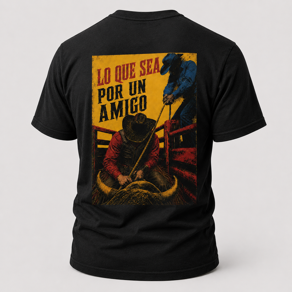 Black Anything for a Friend Rodeo T-shirt, back view featuring a bull rider and the Anything for a Friend design