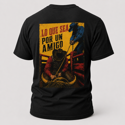 Black Anything for a Friend Rodeo T-shirt, back view featuring a bull rider and the Anything for a Friend design