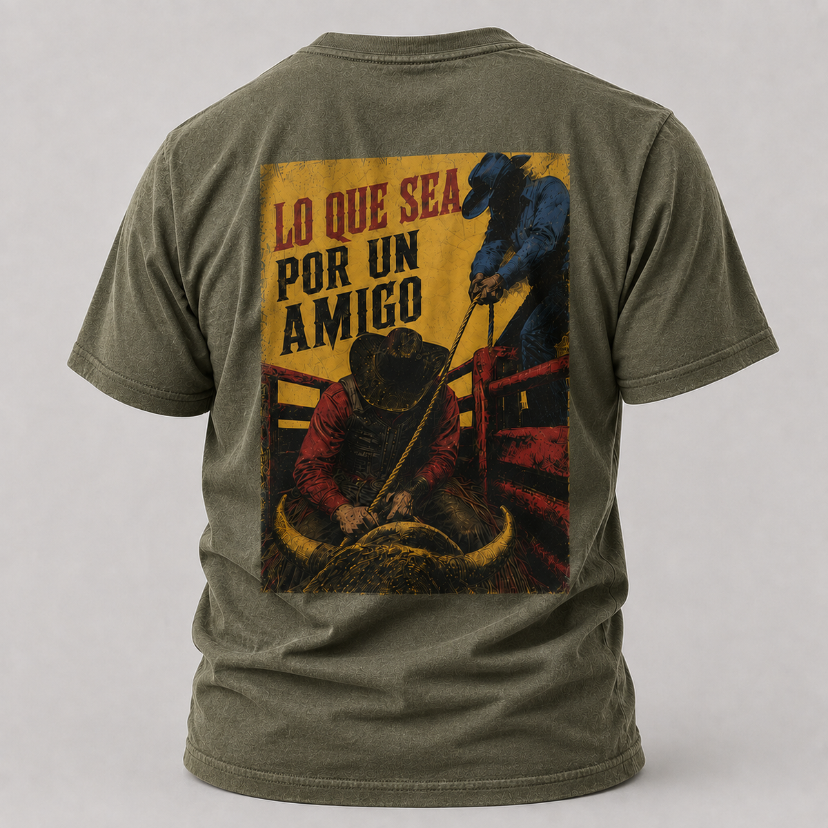 Anything for a Friend Rodeo T-shirt, back view featuring a bull rider and the Anything for a Friend design