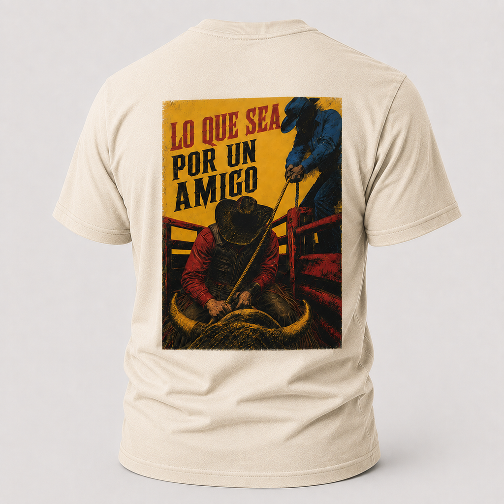 Natural Anything for a Friend Rodeo T-shirt, back view featuring a bull rider and the Anything for a Friend design