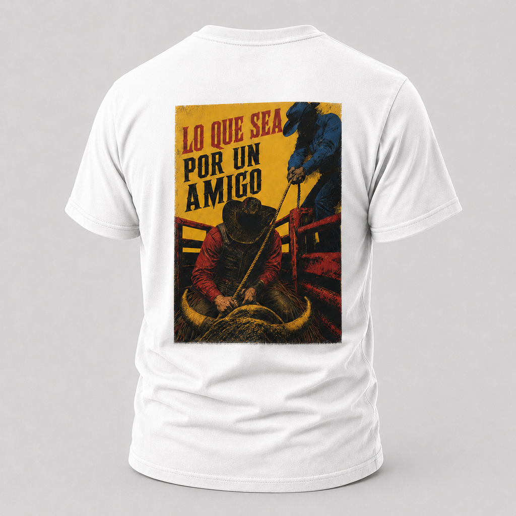 White Anything for a Friend Rodeo T-shirt, back view featuring a bull rider and the Anything for a Friend design
