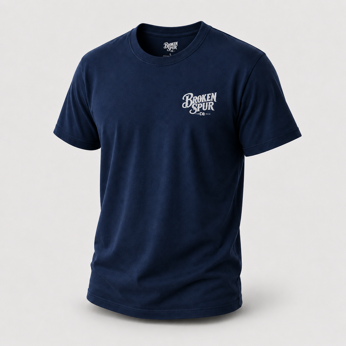 Navy A Man of No Man Western Work T-shirt, front view featuring a solitary ranch hand and the No Audience Required design