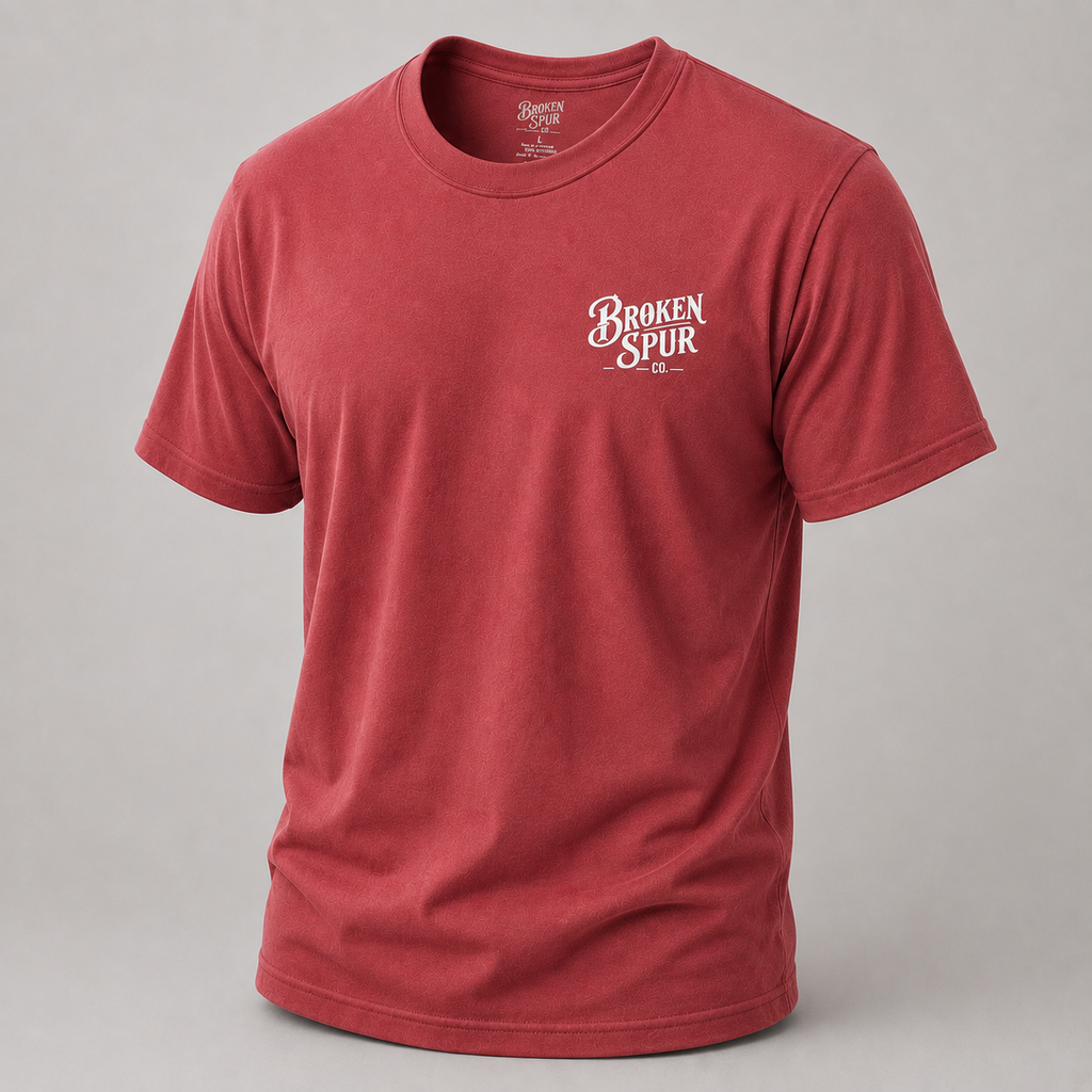 Heather Cardinal Go Time Bareback Bronc Riding T-shirt, front view featuring a bareback bronc rider breaking from the chute