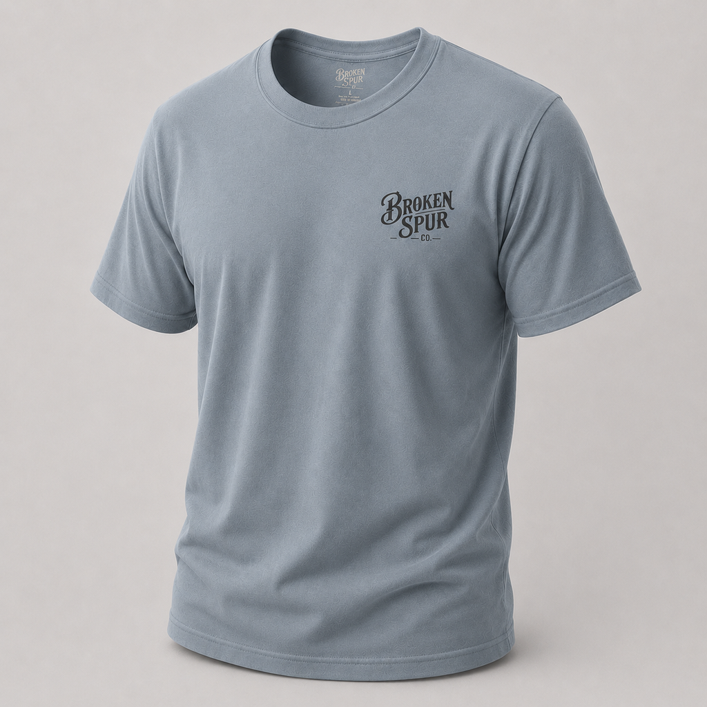 Stone Blue Go Time Bareback Bronc Riding T-shirt, front view featuring a bareback bronc rider breaking from the chute