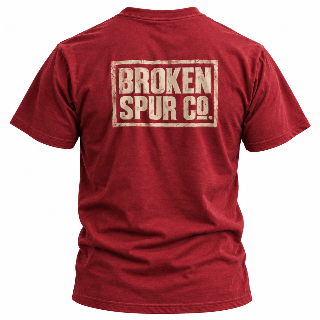 Antique Cherry Red The Block Stamp Western Logo T-shirt, back view featuring the bold distressed Broken Spur block-stamp logo