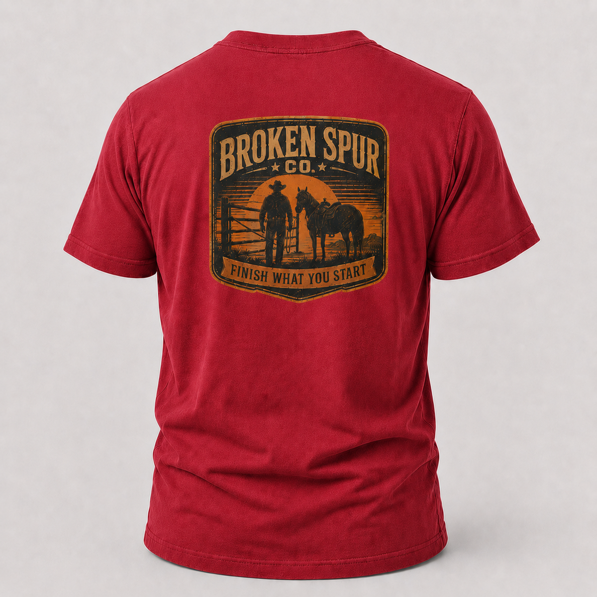 Antique Cherry Red Finish What You Start Work Ethic T-shirt, back view featuring a ranch hand closing the last gate at dusk