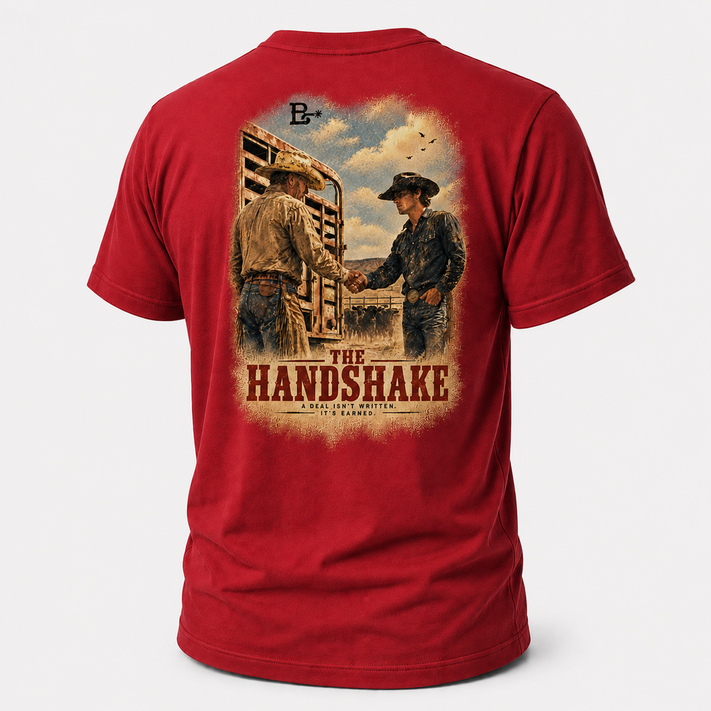 Antique Cherry Red The Handshake Western Values T-shirt, back view featuring an older rancher and younger cowboy sealing a de