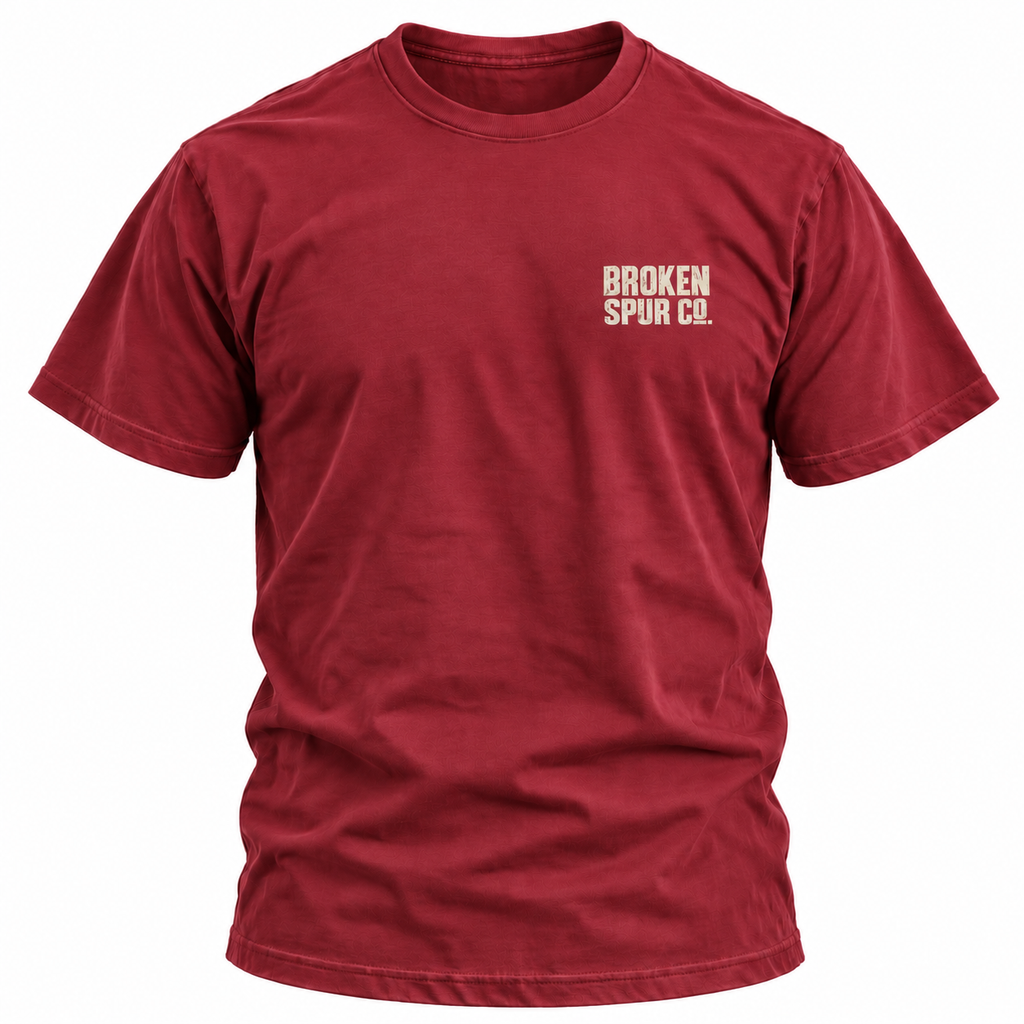 Antique Cherry Red The Block Stamp Western Logo T-shirt, front view featuring the bold distressed Broken Spur block-stamp log