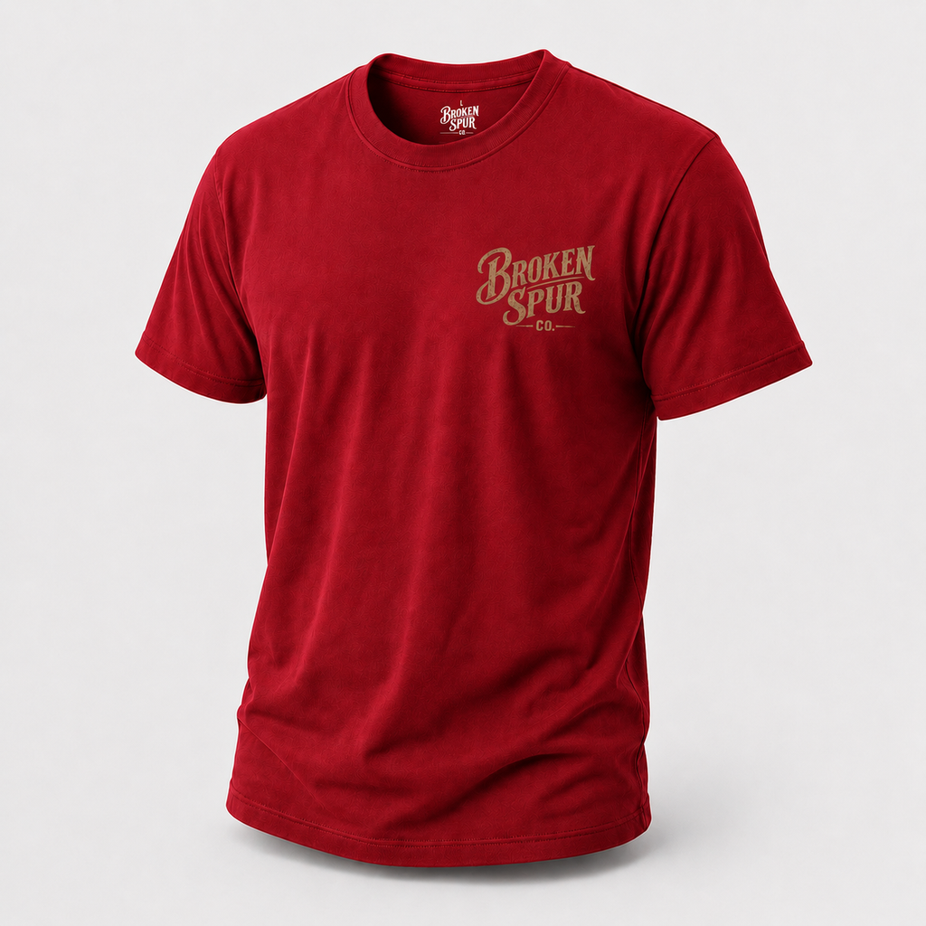 Antique Cherry Red Earn It Western Skull T-shirt, front view featuring a weathered Western skull badge and Watch Learn Earn I