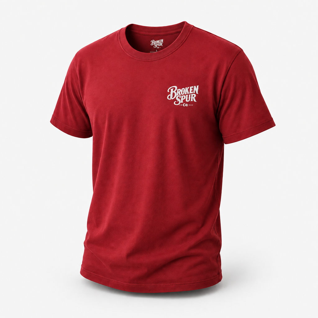 Antique Cherry Red The Handshake Western Values T-shirt, front view featuring an older rancher and younger cowboy sealing a d