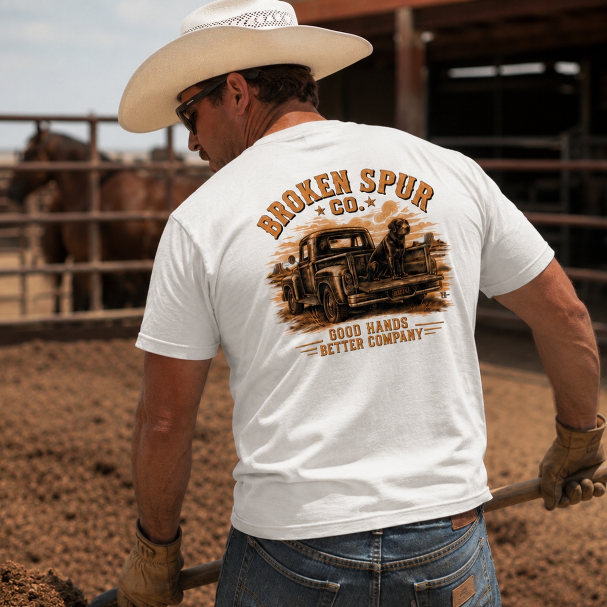 Lifestyle view of Better Company Ranch Dog T-shirt featuring an old ranch truck, loyal dog and Good Hands Better Company artw