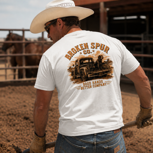Lifestyle view of Better Company Ranch Dog T-shirt featuring an old ranch truck, loyal dog and Good Hands Better Company artw