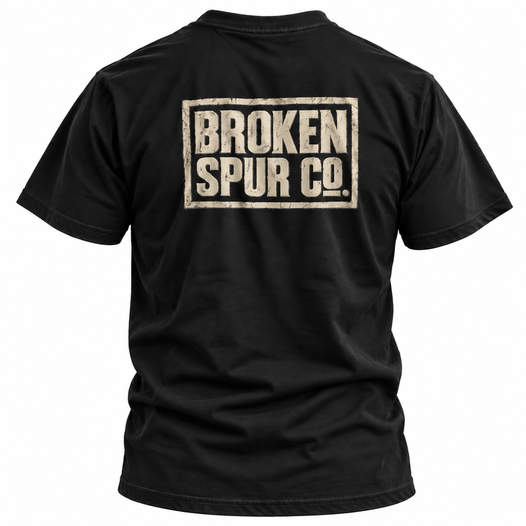 Black The Block Stamp Western Logo T-shirt, back view featuring the bold distressed Broken Spur block-stamp logo