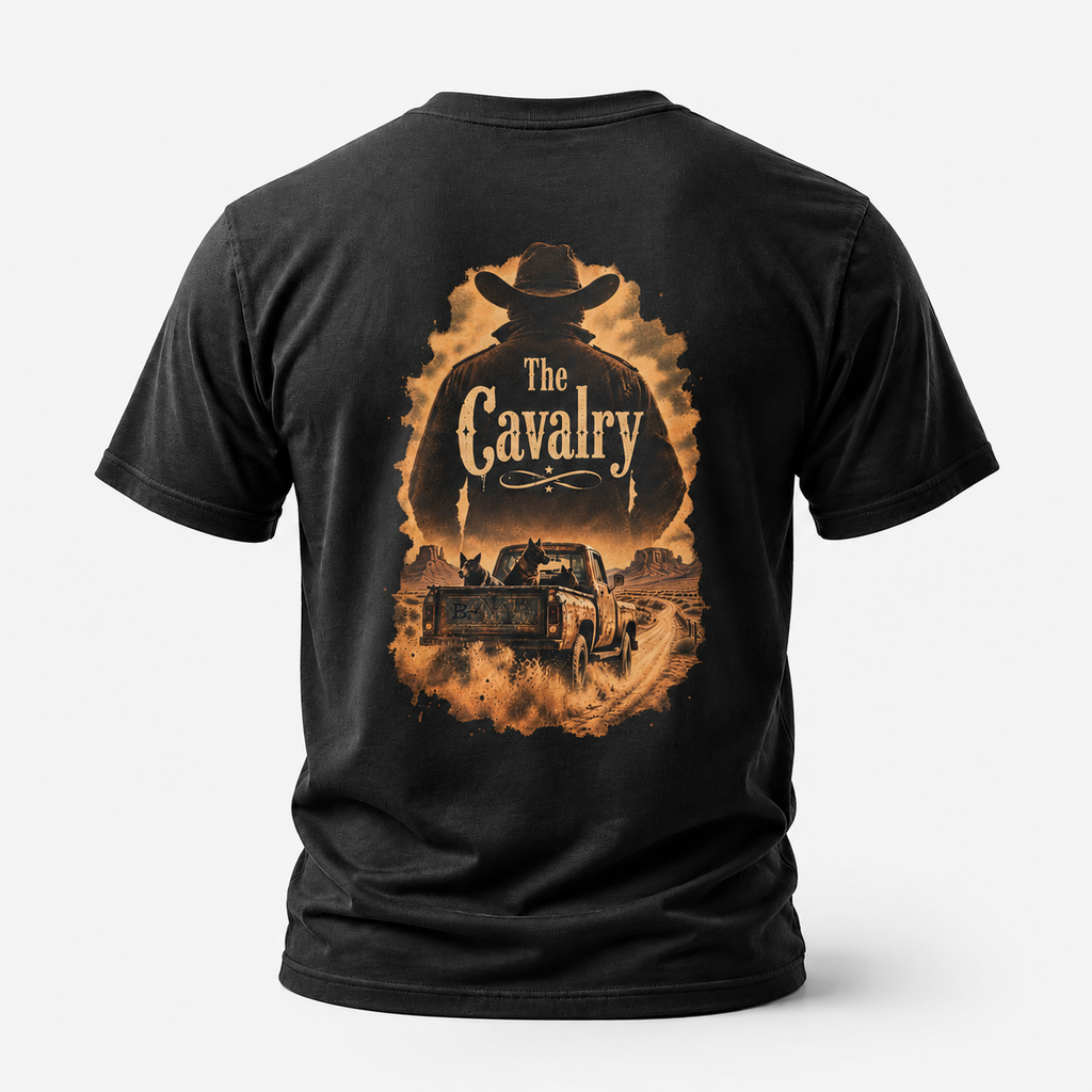 Black The Cavalry Vintage Ranch Truck T-shirt, back view featuring an old ranch truck racing down a dirt road with dogs in th