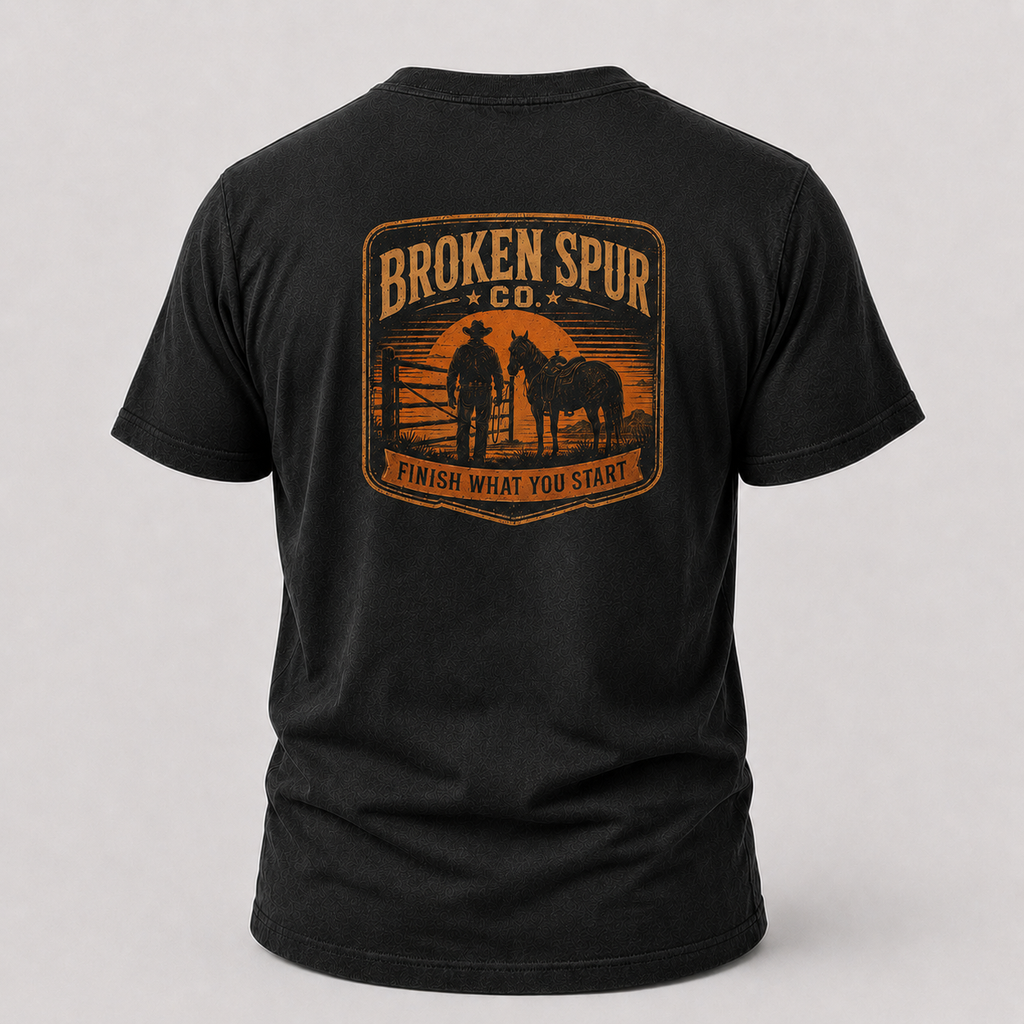 Black Finish What You Start Work Ethic T-shirt, back view featuring a ranch hand closing the last gate at dusk