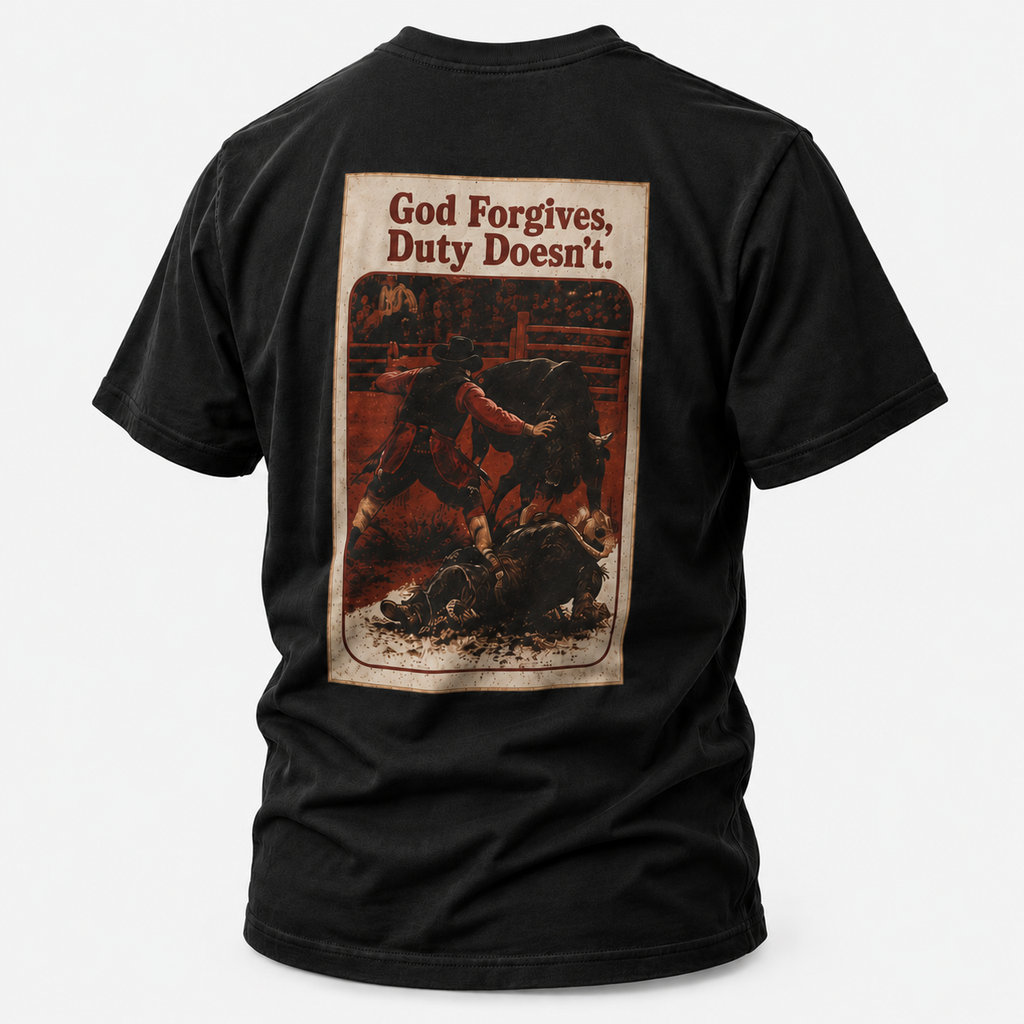 Black Duty Calls Rodeo Bullfighter T-shirt, back view featuring a rodeo bullfighter and the God Forgives Duty Doesn't artwork