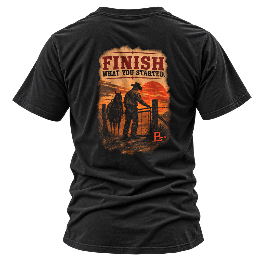 Black The Last Gate Ranching T-shirt, back view featuring a cowboy closing the final ranch gate at dusk