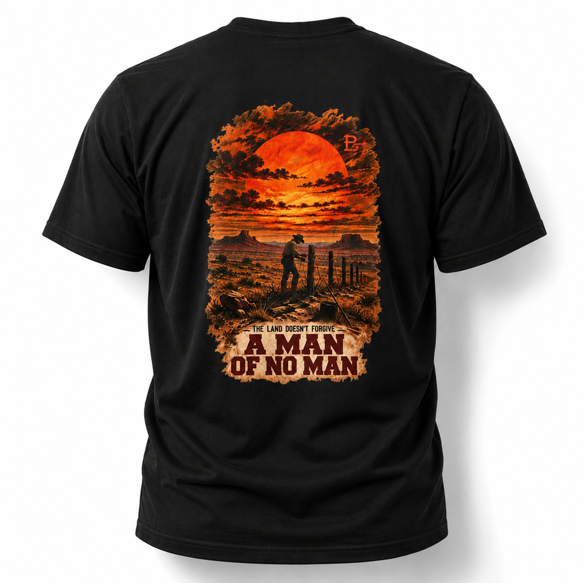 Black A Man of No Man Western Work T-shirt, back view featuring a solitary ranch hand and the No Audience Required design