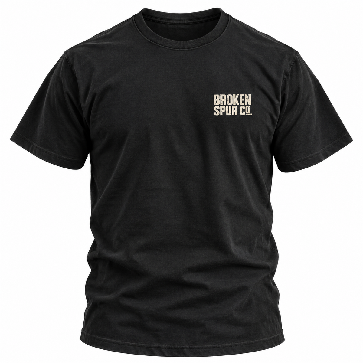 Black The Block Stamp Western Logo T-shirt, front view featuring the bold distressed Broken Spur block-stamp logo