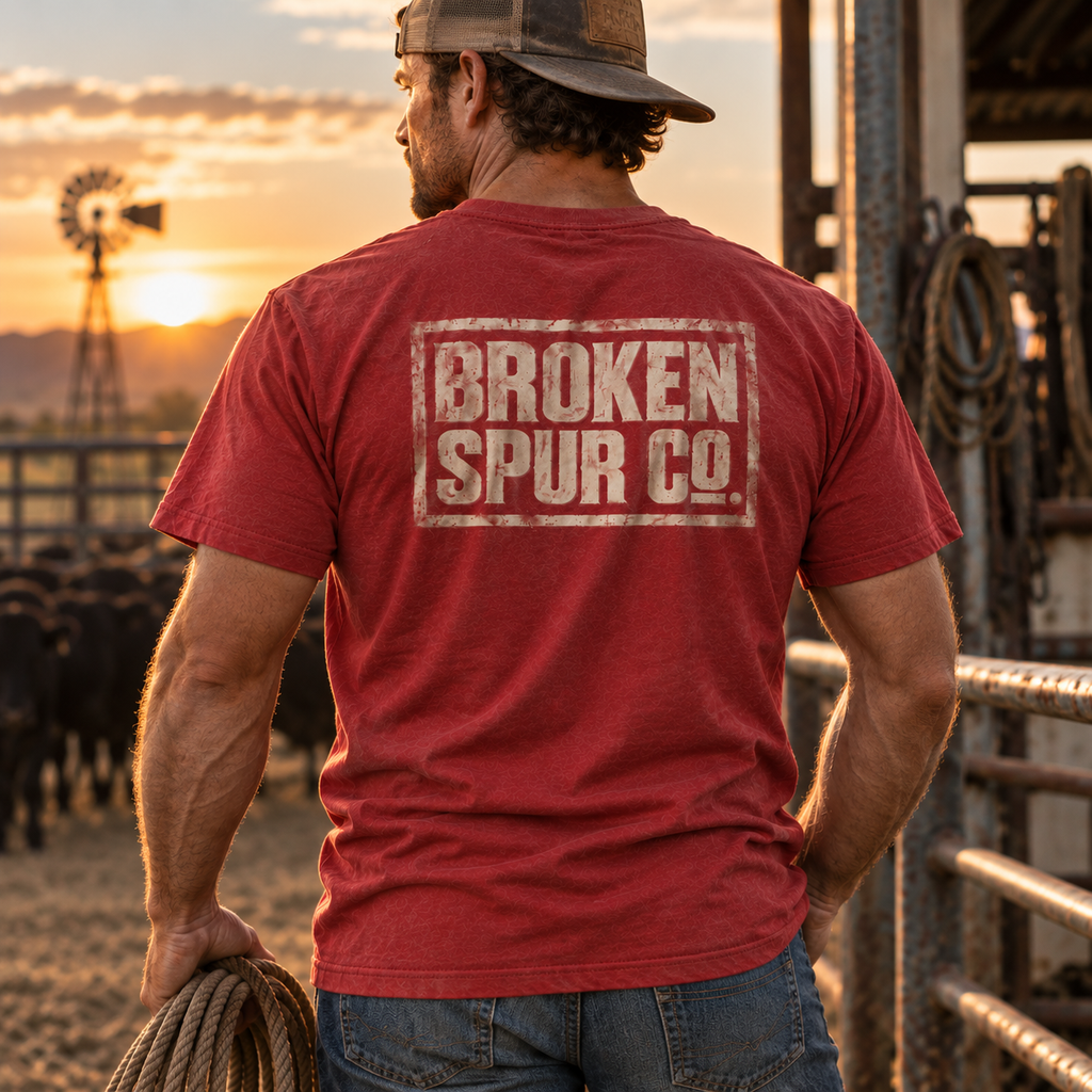 Lifestyle view of The Block Stamp Western Logo T-shirt featuring the bold distressed Broken Spur block-stamp logo