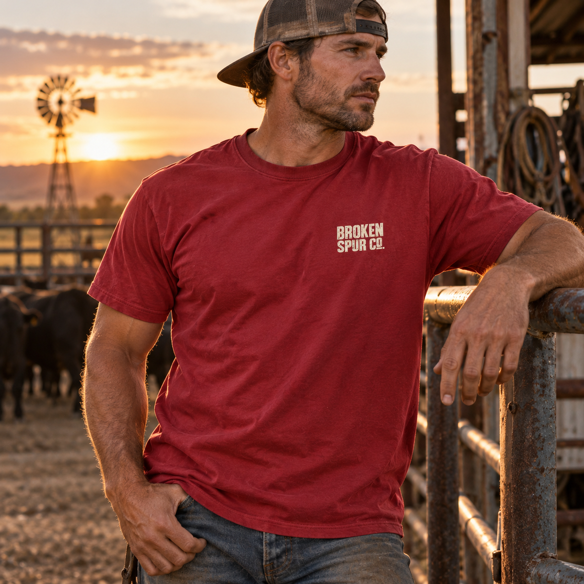 Lifestyle view of The Block Stamp Western Logo T-shirt featuring the bold distressed Broken Spur block-stamp logo