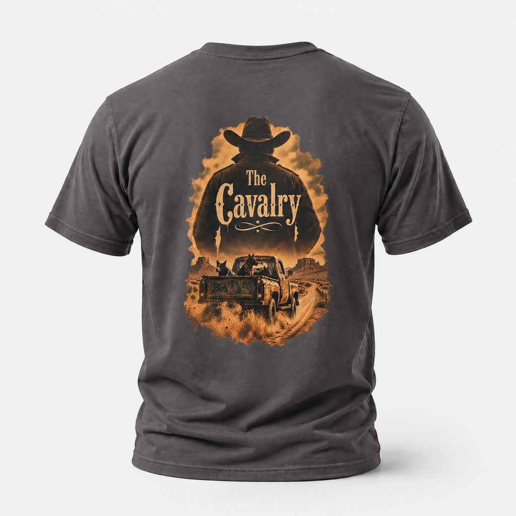 Charcoal The Cavalry Vintage Ranch Truck T-shirt, back view featuring an old ranch truck racing down a dirt road with dogs in