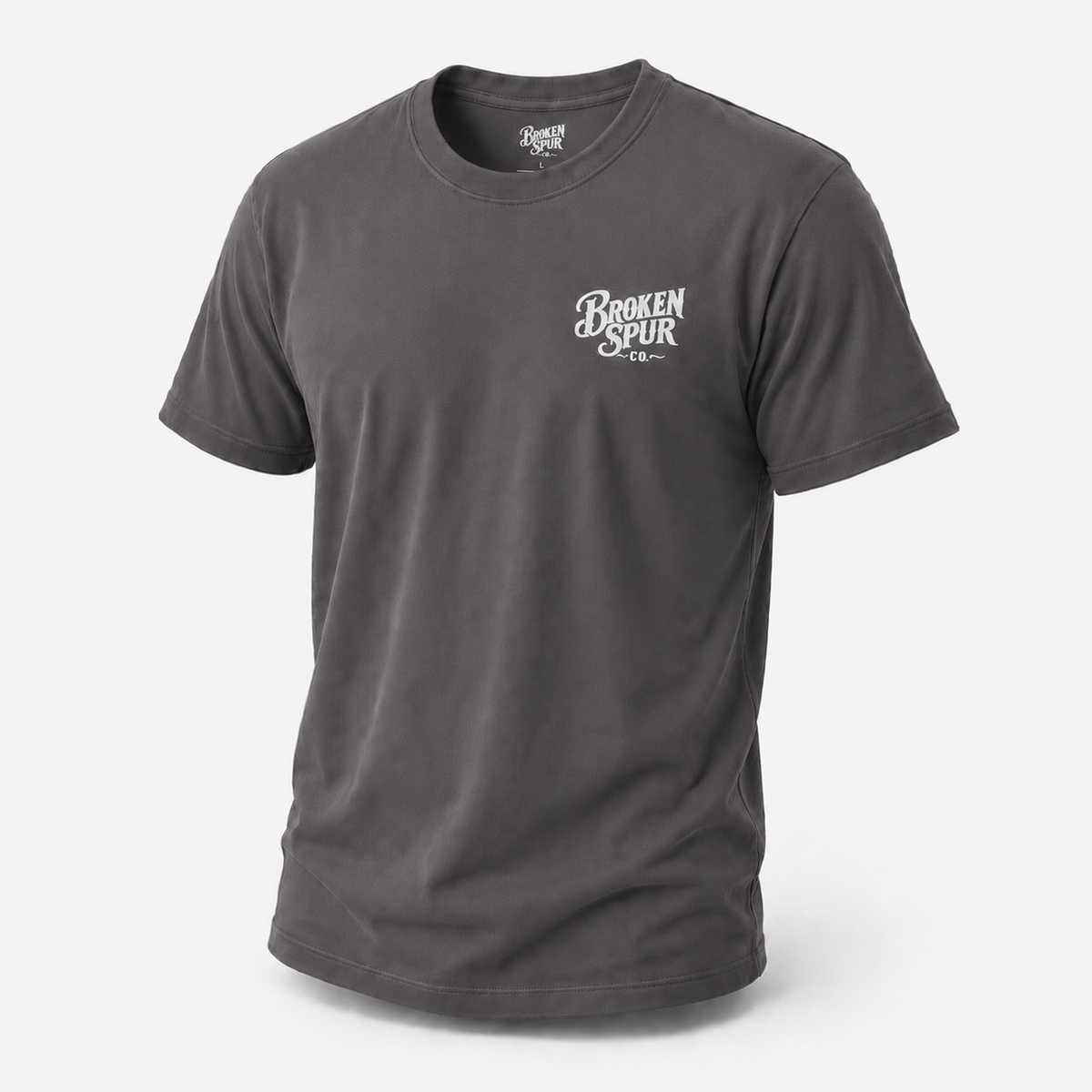 Charcoal The Cavalry Vintage Ranch Truck T-shirt, front view featuring an old ranch truck racing down a dirt road with dogs i