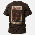 Dark Chocolate Duty Calls Rodeo Bullfighter T-shirt, back view featuring a rodeo bullfighter and the God Forgives Duty Doesn'