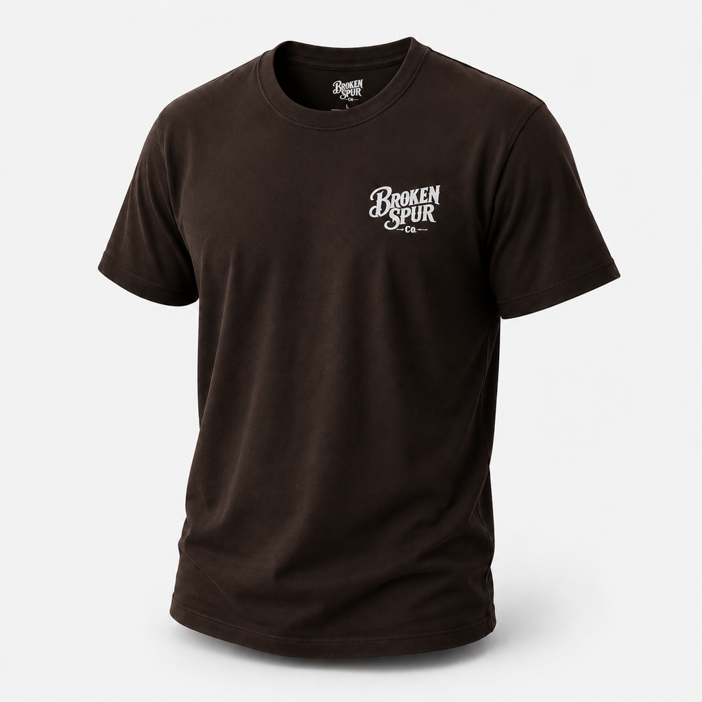Dark Chocolate Duty Calls Rodeo Bullfighter T-shirt, front view featuring a rodeo bullfighter and the God Forgives Duty Doesn