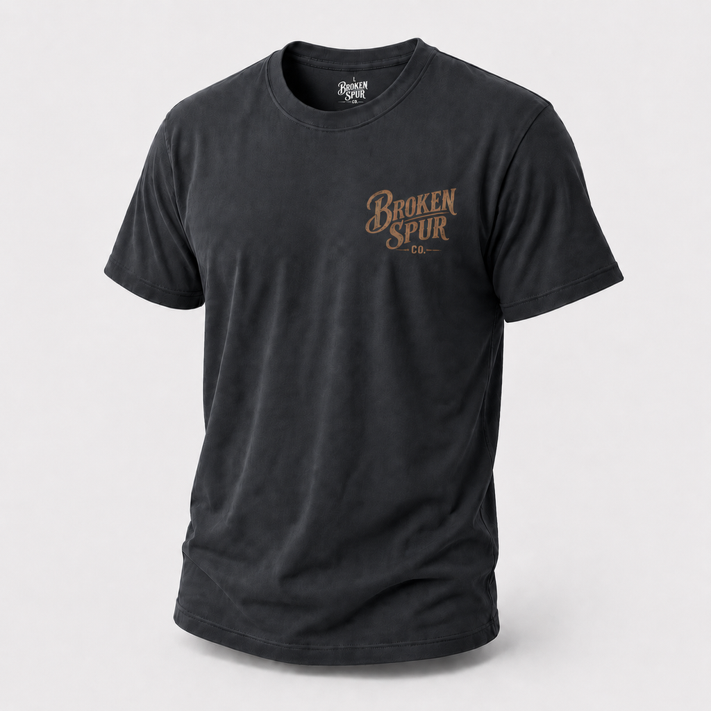 Dark Heather Gray Earn It Western Skull T-shirt, front view featuring a weathered Western skull badge and Watch Learn Earn It