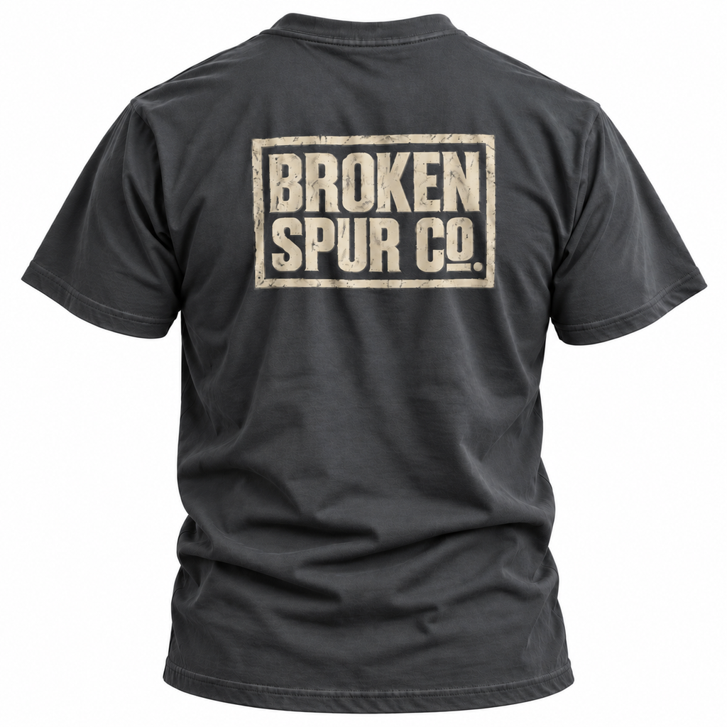 Dark Heather Gray The Block Stamp Western Logo T-shirt, back view featuring the bold distressed Broken Spur block-stamp logo