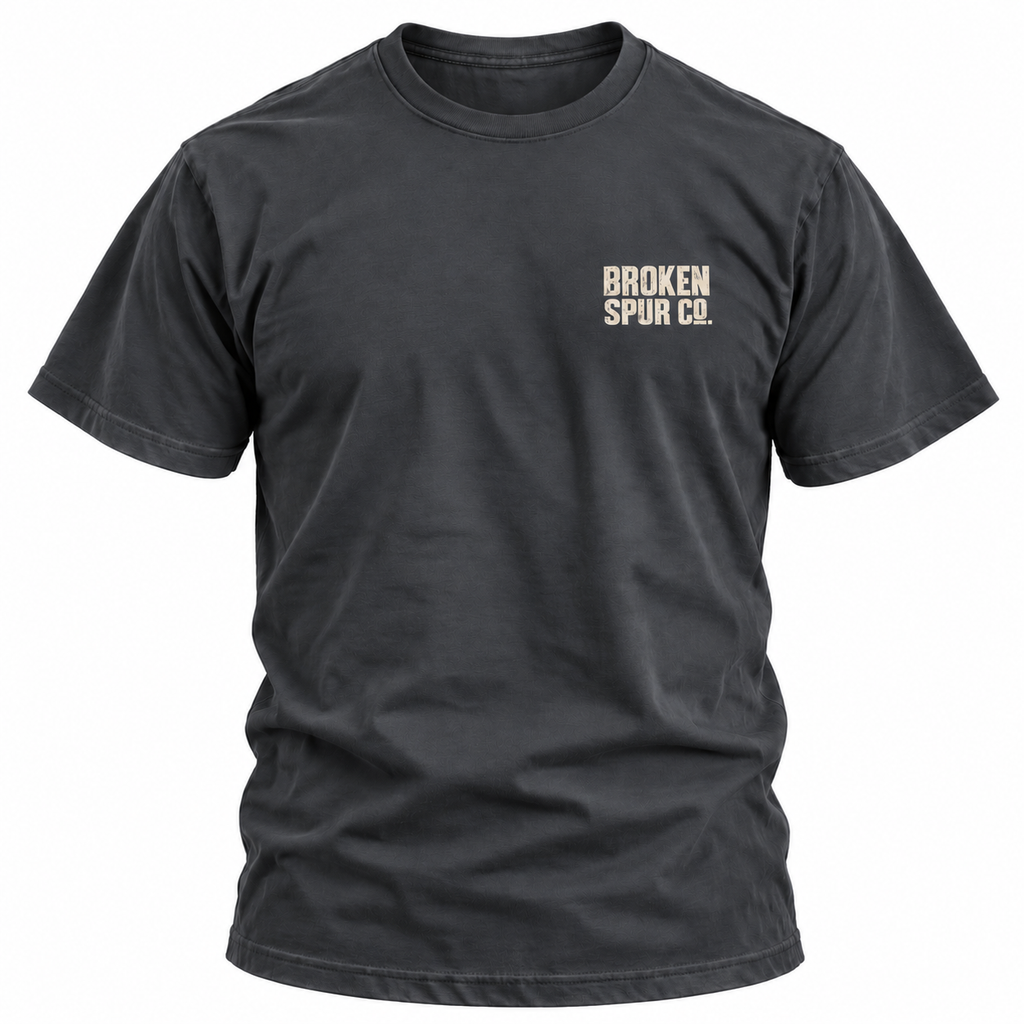Dark Heather Gray The Block Stamp Western Logo T-shirt, front view featuring the bold distressed Broken Spur block-stamp logo