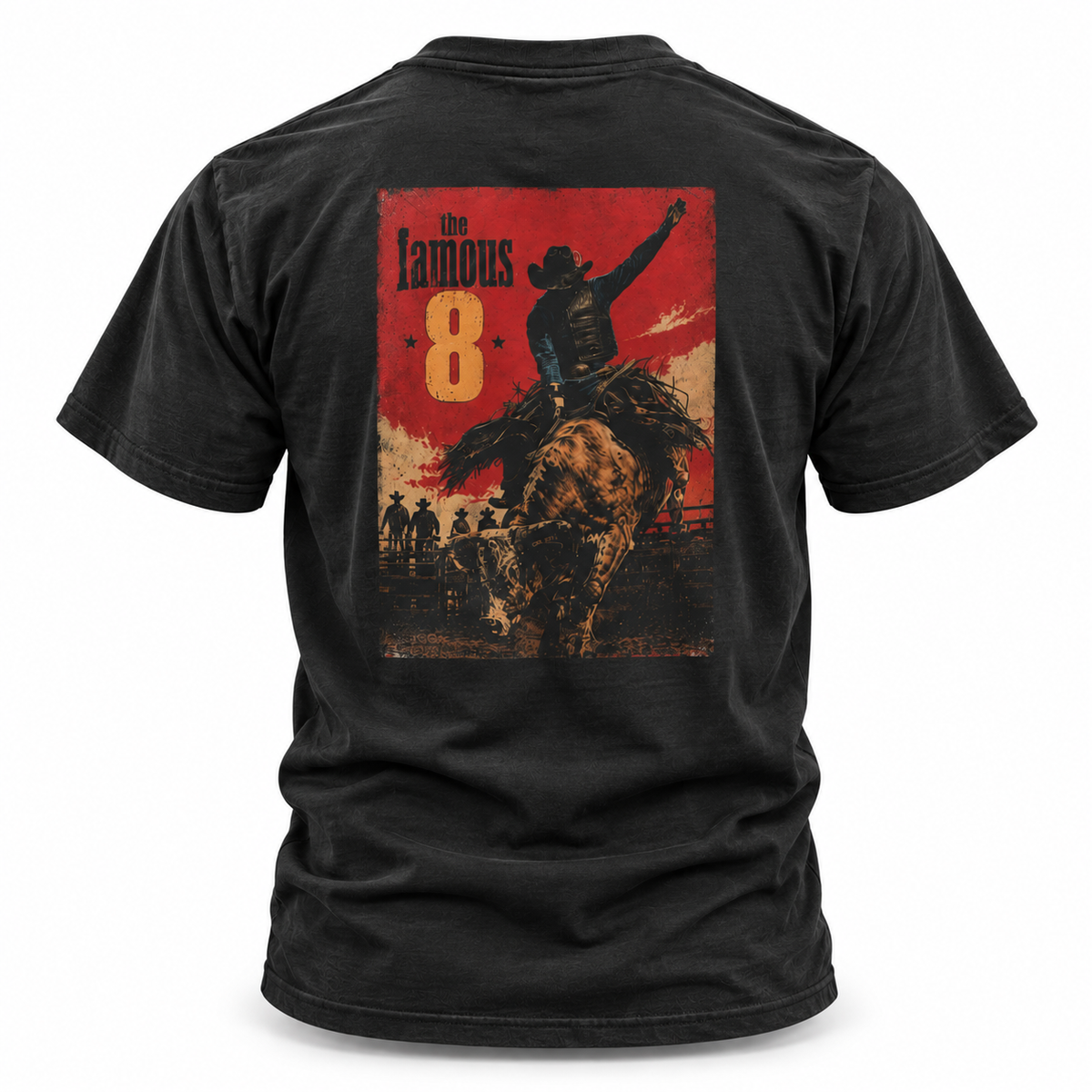 Black The Famous 8 Bull Riding T-shirt, back view featuring a bull rider chasing rodeo's famous eight seconds