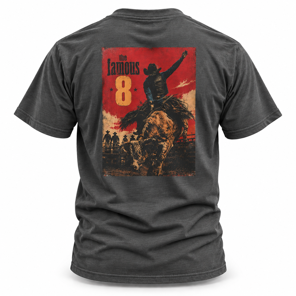Dark Heather The Famous 8 Bull Riding T-shirt, back view featuring a bull rider chasing rodeo's famous eight seconds