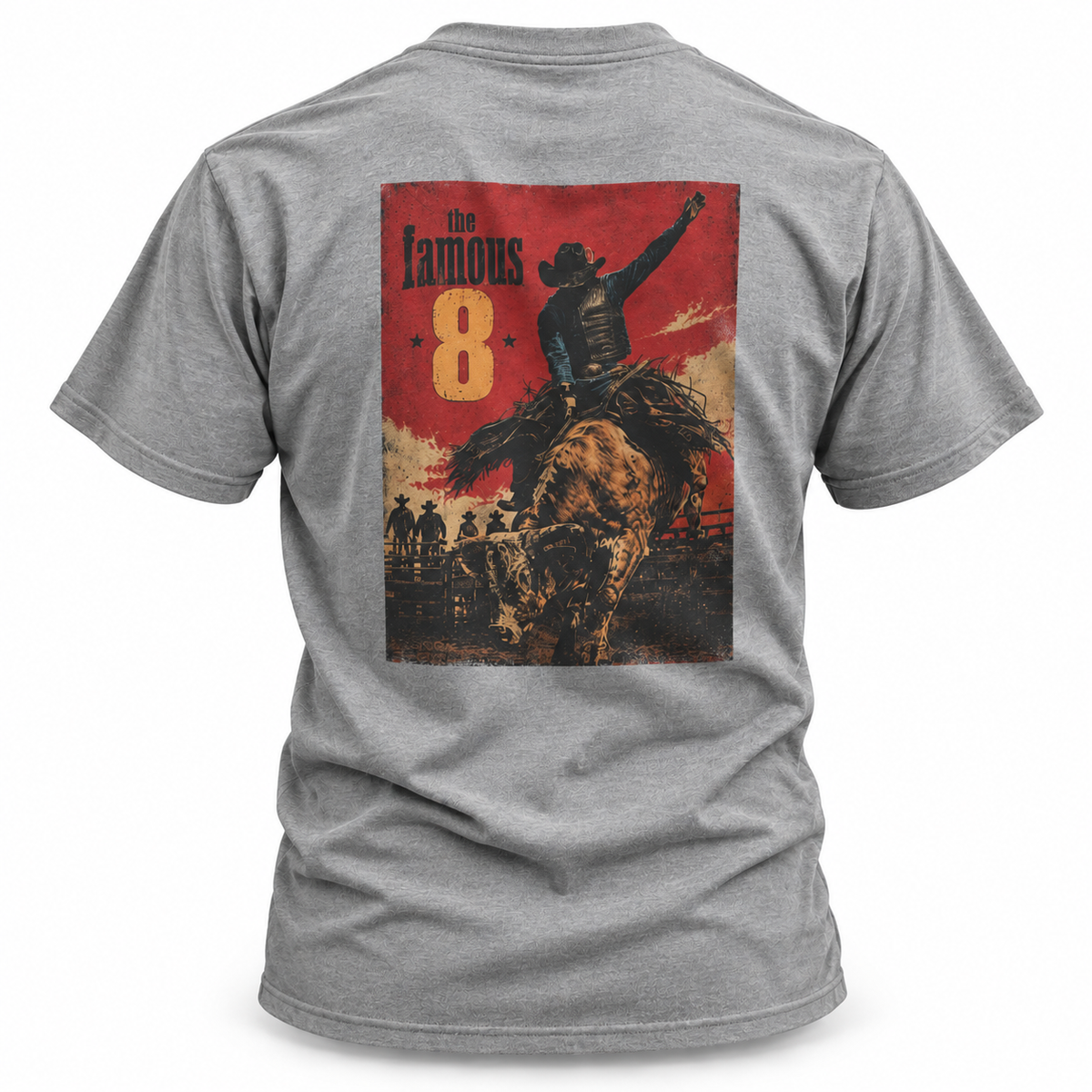 Sport Grey The Famous 8 Bull Riding T-shirt, back view featuring a bull rider chasing rodeo's famous eight seconds