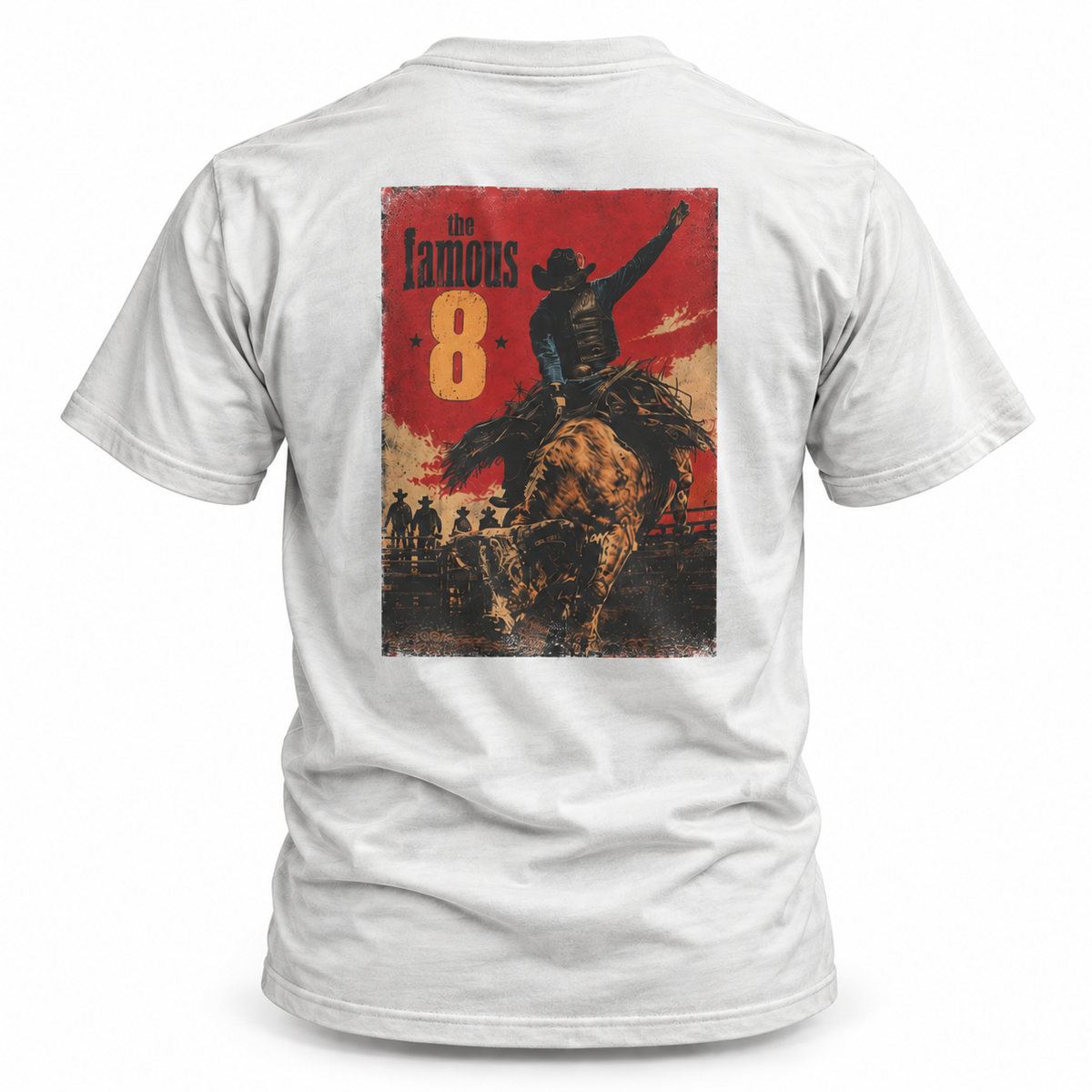 White The Famous 8 Bull Riding T-shirt, back view featuring a bull rider chasing rodeo's famous eight seconds