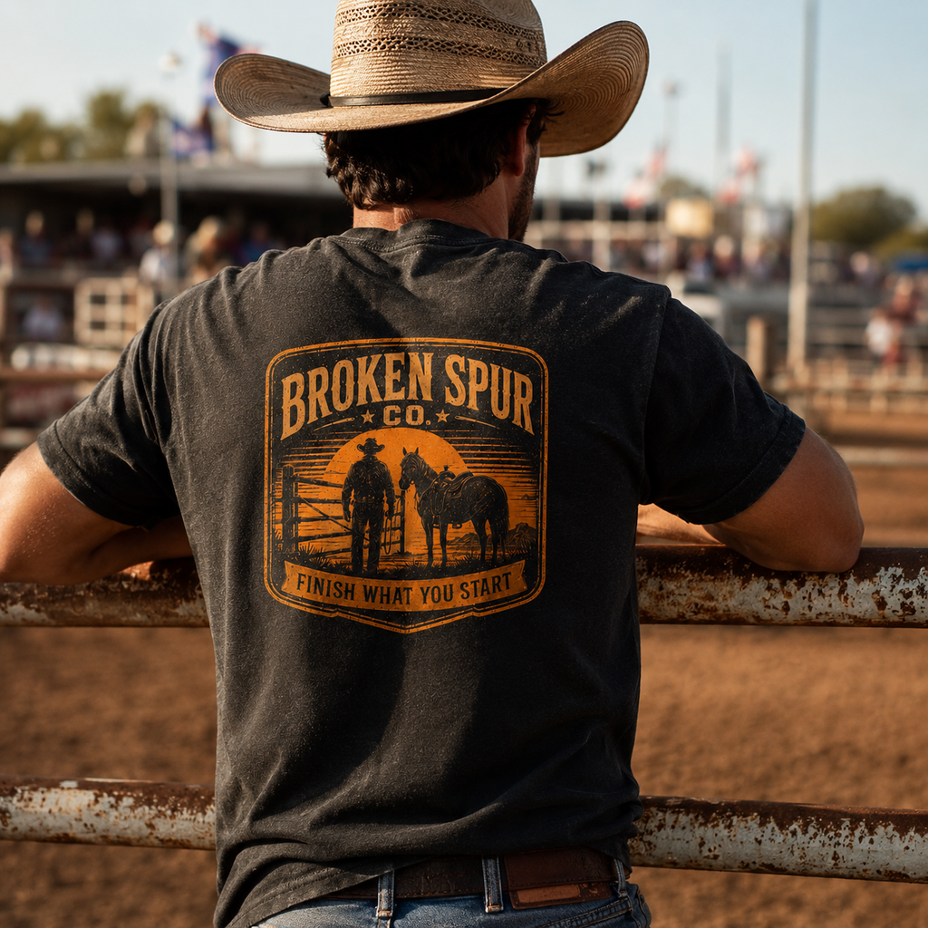Lifestyle view of Finish What You Start Work Ethic T-shirt featuring a ranch hand closing the last gate at dusk