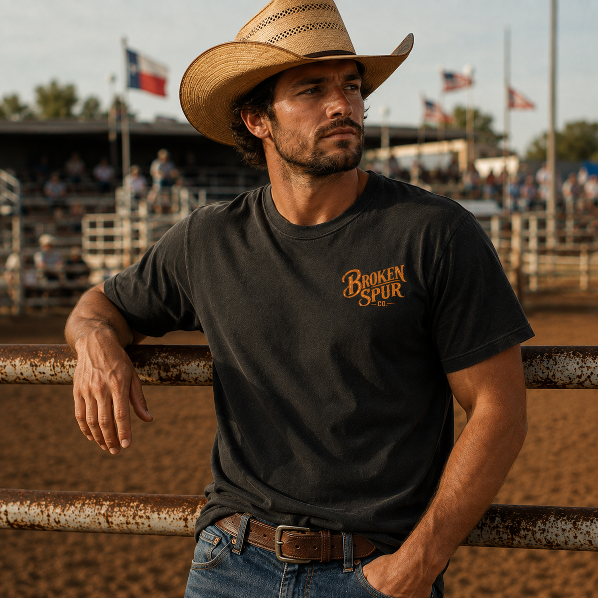 Lifestyle view of Finish What You Start Work Ethic T-shirt featuring a ranch hand closing the last gate at dusk
