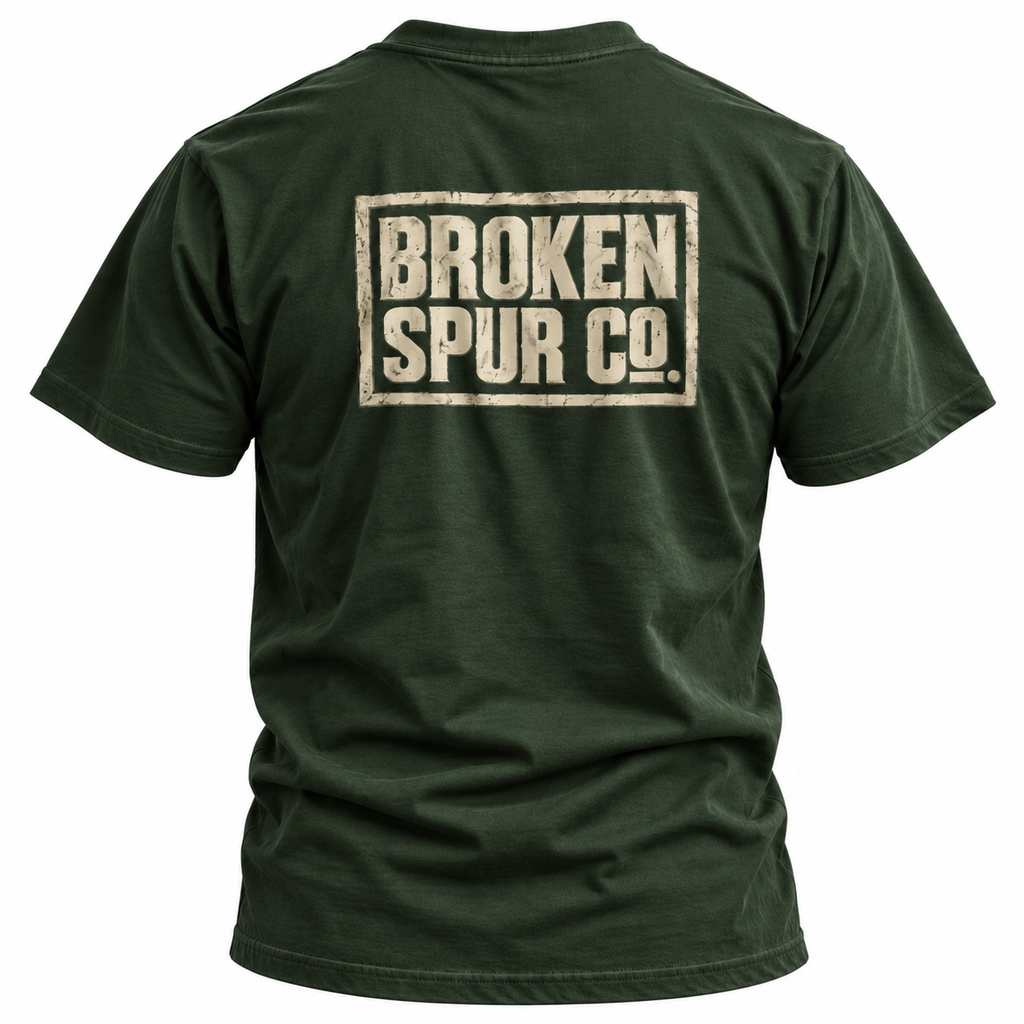 Forest Green The Block Stamp Western Logo T-shirt, back view featuring the bold distressed Broken Spur block-stamp logo
