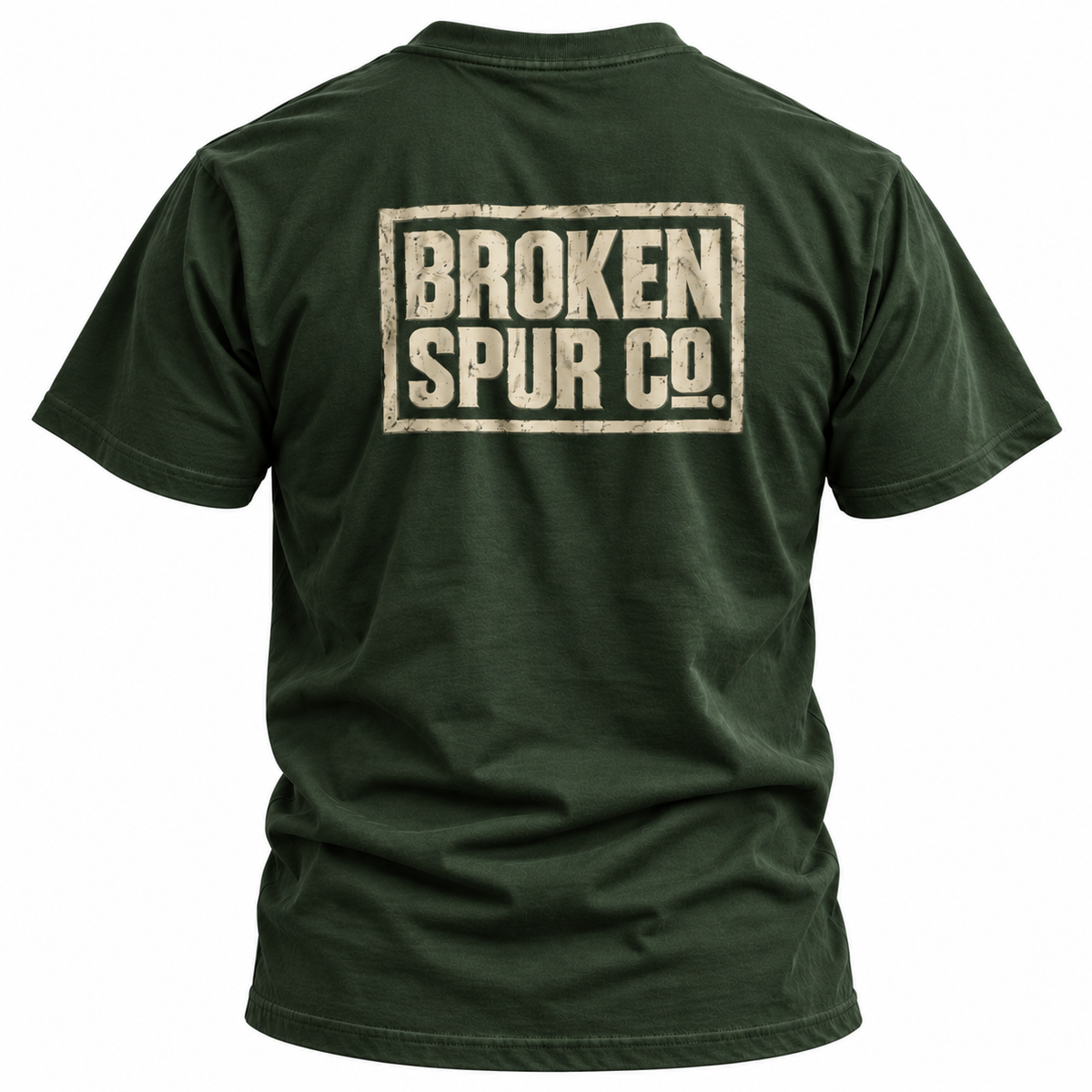 Forest Green The Block Stamp Western Logo T-shirt, back view featuring the bold distressed Broken Spur block-stamp logo