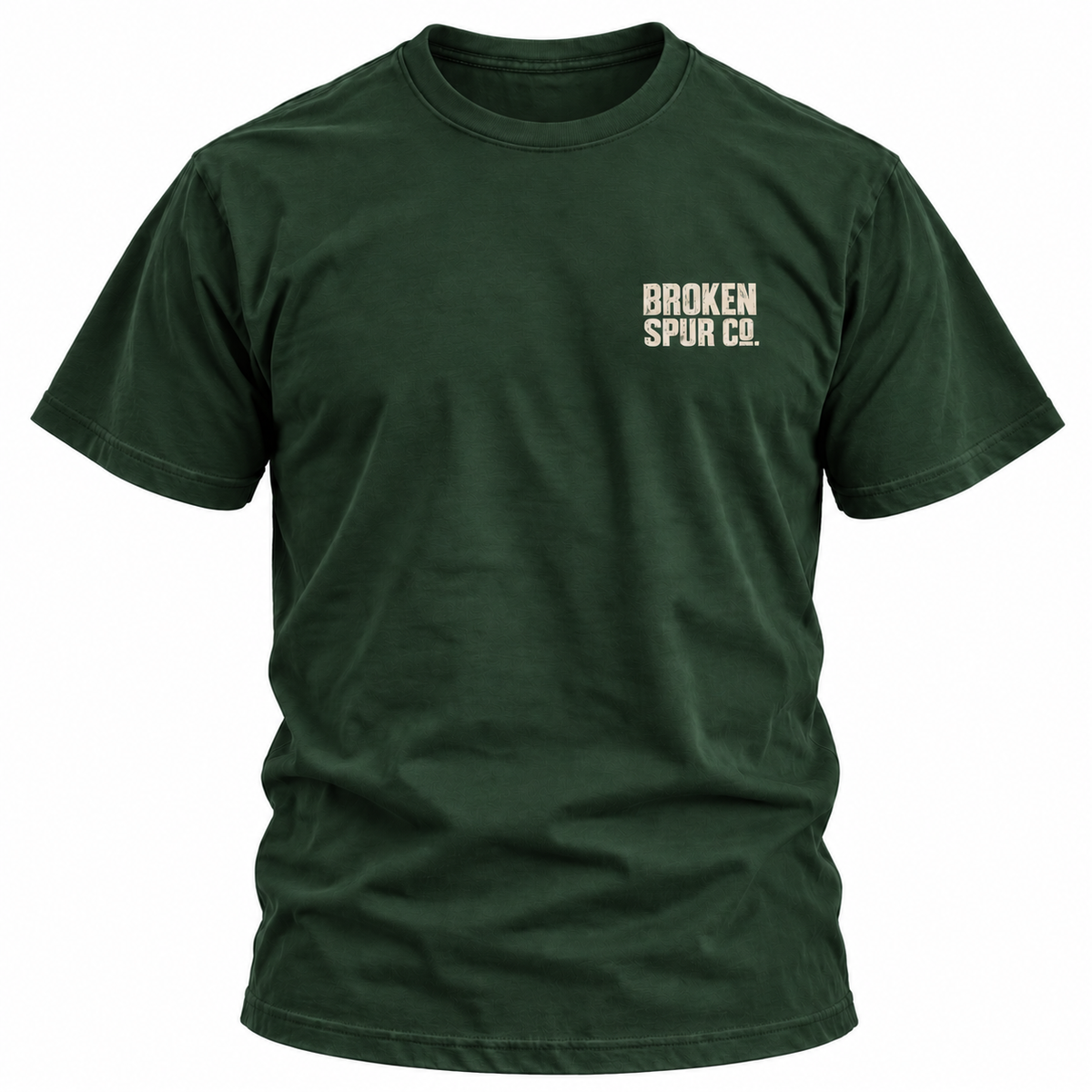 Forest Green The Block Stamp Western Logo T-shirt, front view featuring the bold distressed Broken Spur block-stamp logo