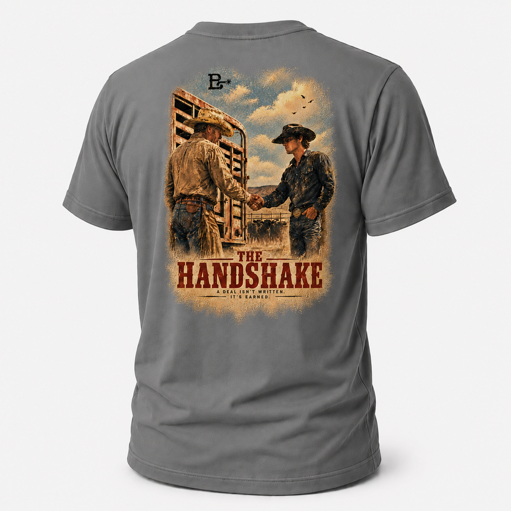 Graphite Heather The Handshake Western Values T-shirt, back view featuring an older rancher and younger cowboy sealing a deal